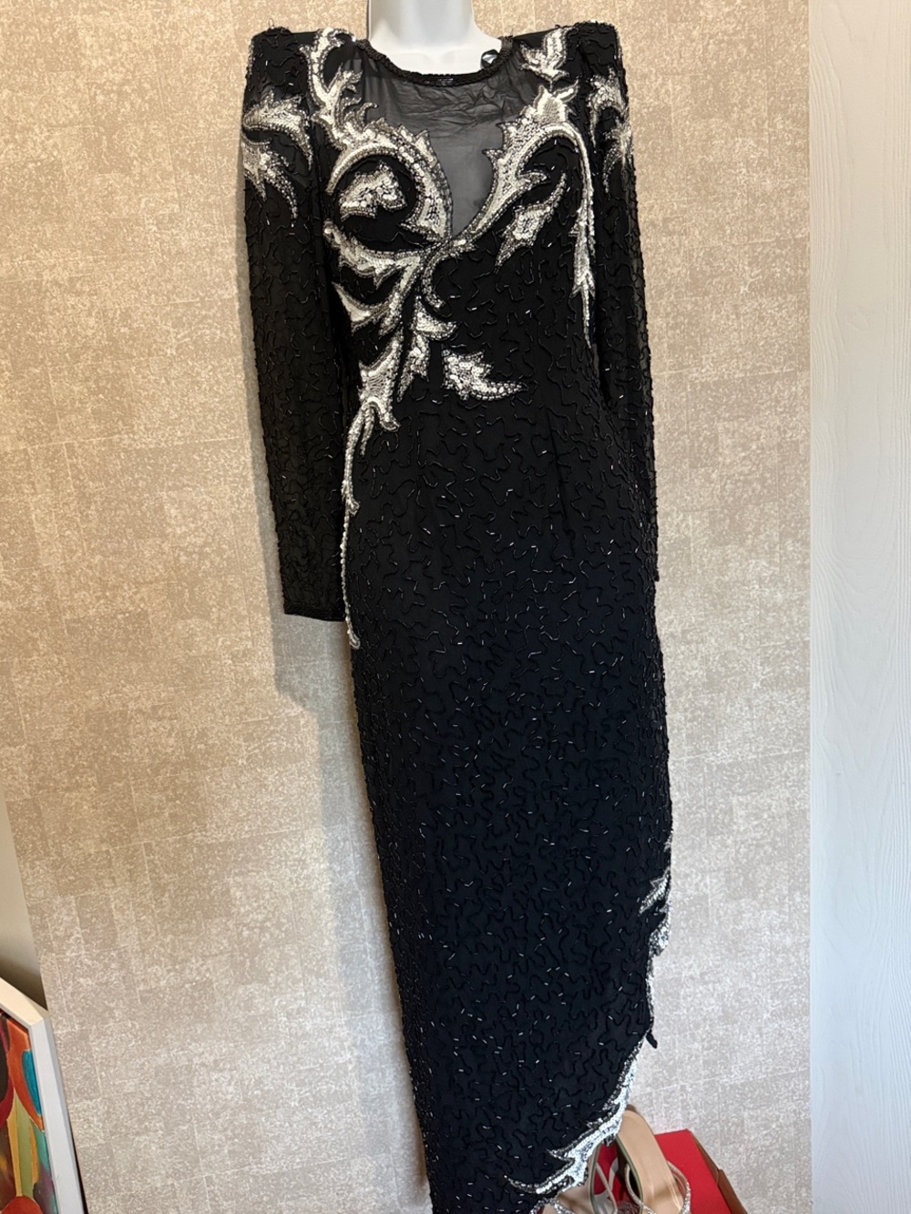 Elegant Black Long-Sleeve Beaded Evening Dress with Silver Embellishment